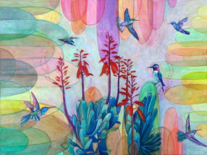 A rainbow hued drawing of hummingbirds flying and pollinating colorful flowers.