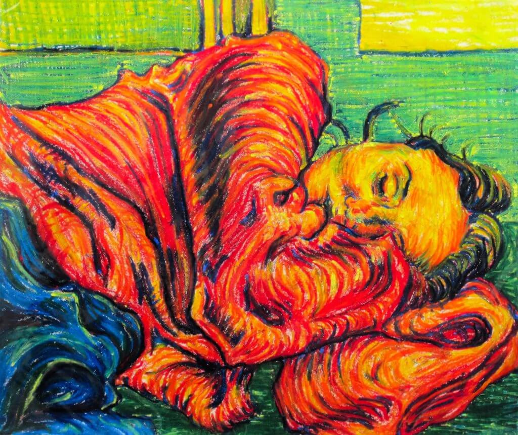 Artwork shows a woman lying with eyes closed wrapped in a blanket done in vibrant colors of red, blue, green, and yellow.