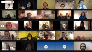 twenty photos of people attending the call are on screen