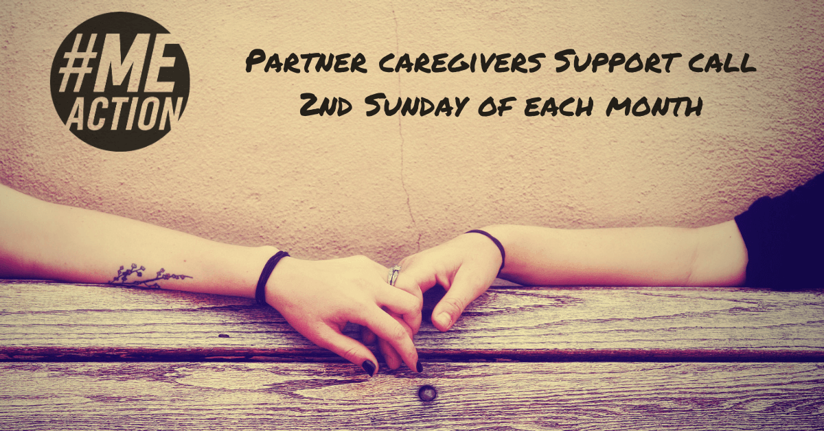 two arms meet in the middle of a bench Wording: #MEAction Partner Caregivers Meeting The 2nd Sunday of each month