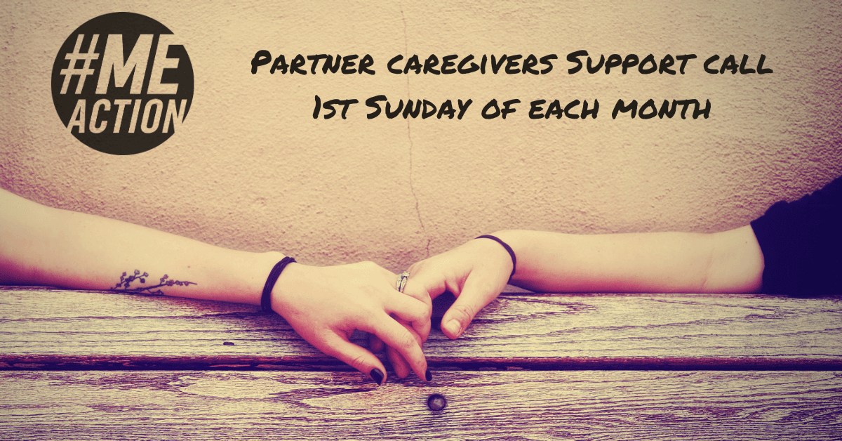 two arms meet in the middle of a bench Wording: #MEAction Partner Caregivers Meeting The 1st Sunday of each month