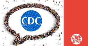 CDC logo surrounded by comment bubble composed out of a crowd of people as seen from overhead, #MEAction logo in righthand corner