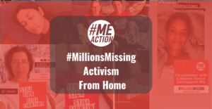 Multiple pictures of people faces in red shirts behind a red overlay with a MEAction logo and the words #MillionsMissing Activism from Home in a gray box over the pictures.