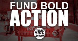 FUND BOLD ACTION with #MEAction Logo in white over a picture of people holding a sign at a protest