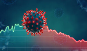 financial chart with line rising in green interrupted by coronovirus after which line goes down in red