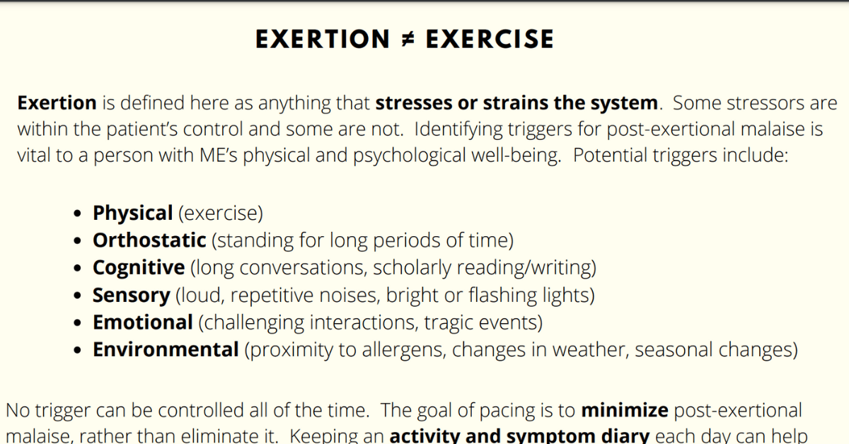Segment from the pacing guide. Text reads Exertion does not equal exercise. It lists the triggers for PEM as physical, orthostatic, cognitive, sensory, emotional, and environmental