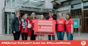 Group of ME Action volunteers standing outside the Scottish Parliament at Millions Missing 2022, wearing red ME Action t-shirts and smiling at the camera. Two in the middle are holding a large sign which says Millions Missing spaced in between outlines of people.