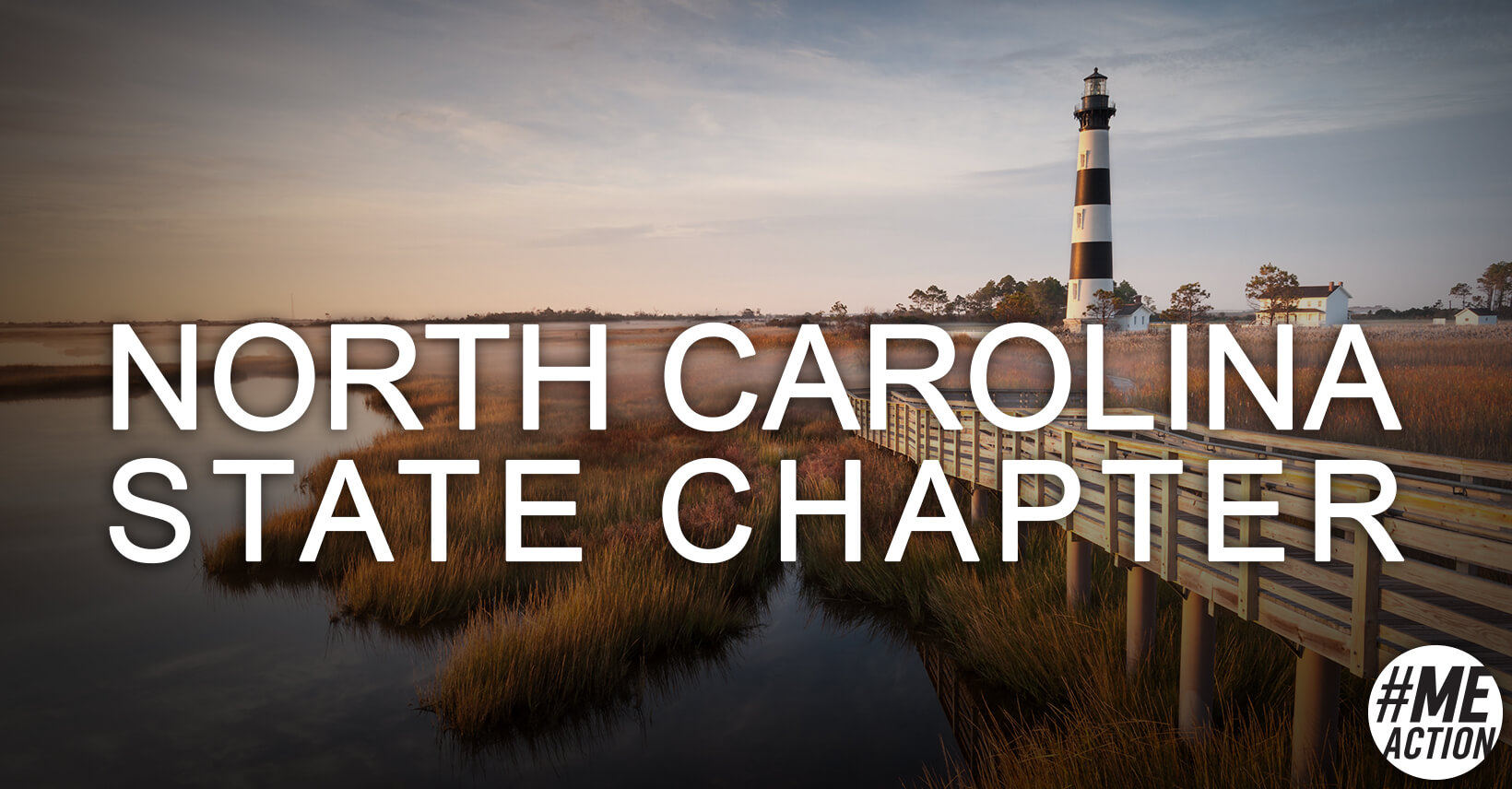 Wording on image: North Carolina State Chapter in white overlaying an image of a marsh with a lighthouse. The #MEAction logo in the bottom righthand corner