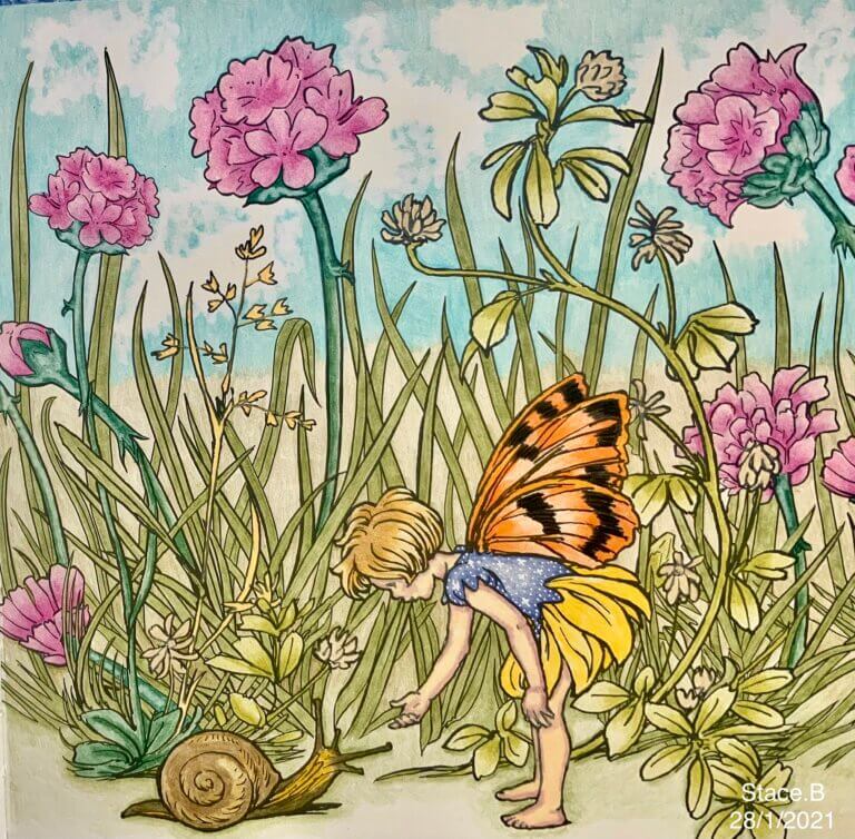 A girl with big wings reaching down to a snail in front of giant flowers.