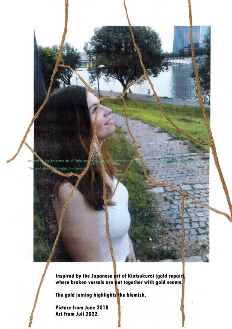 A woman in a park looking up. Gold lines over the photo. Under is written Inspired by the Japanese art of Kintsukuroi (gold repair), where broken vessels are put together with gold seems.