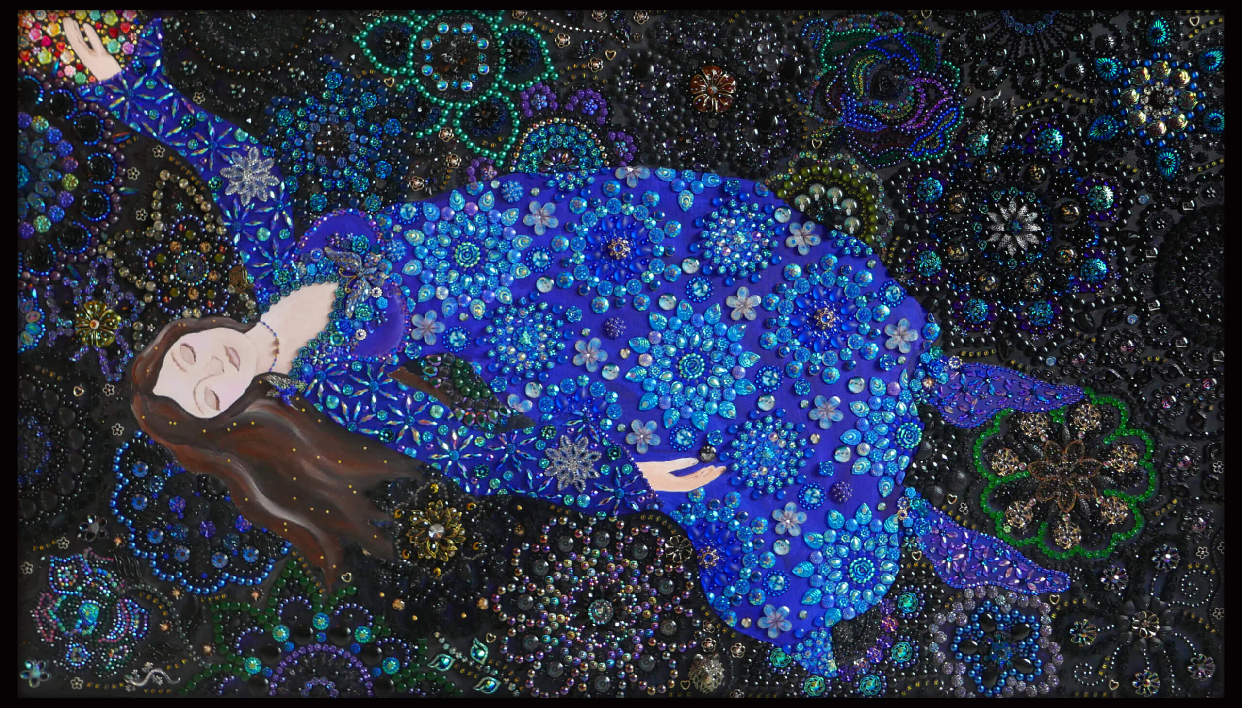 A painting of a woman with long brown hair lying on a beaded black background with a beaded blue dress