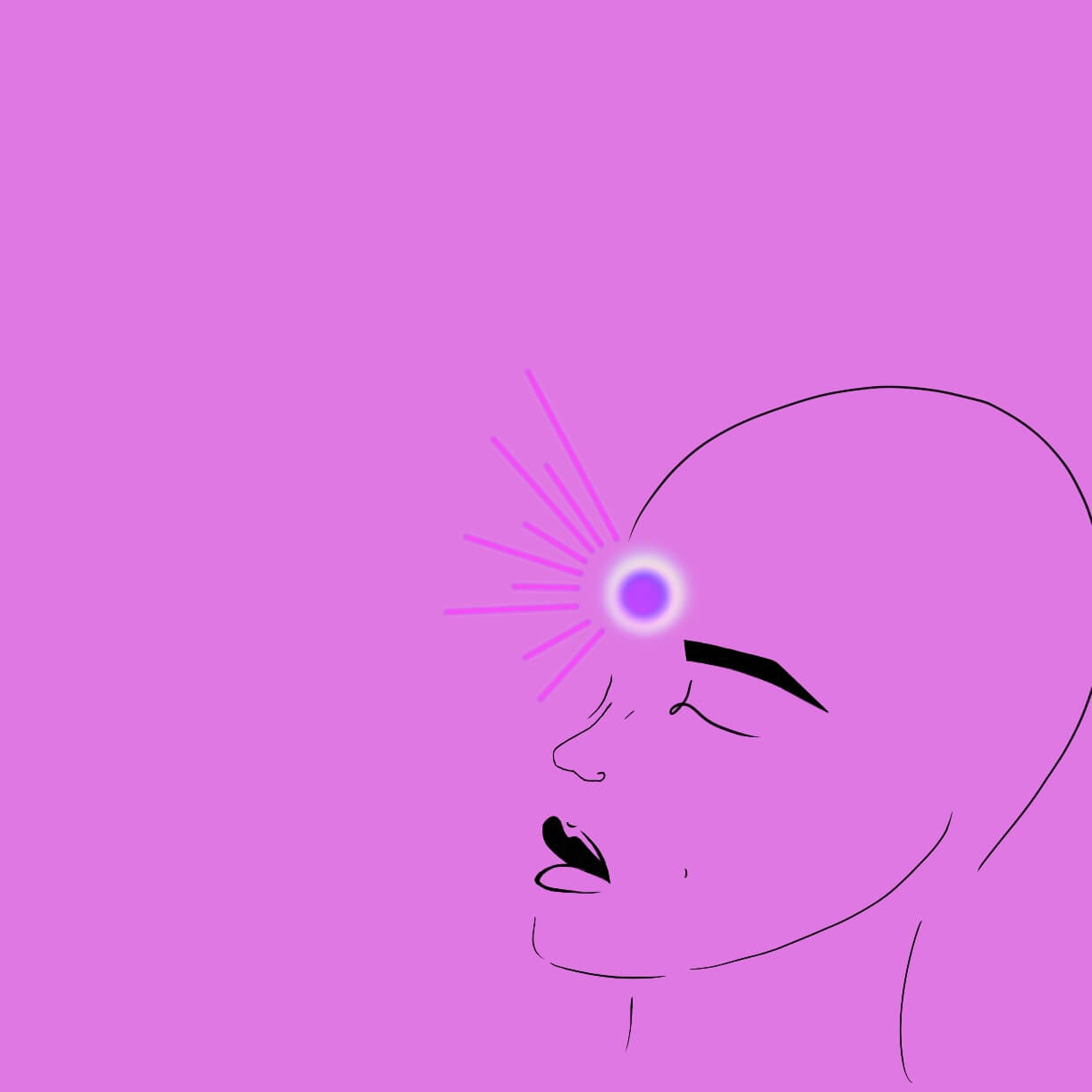 A drawing of a bald person on a purple background