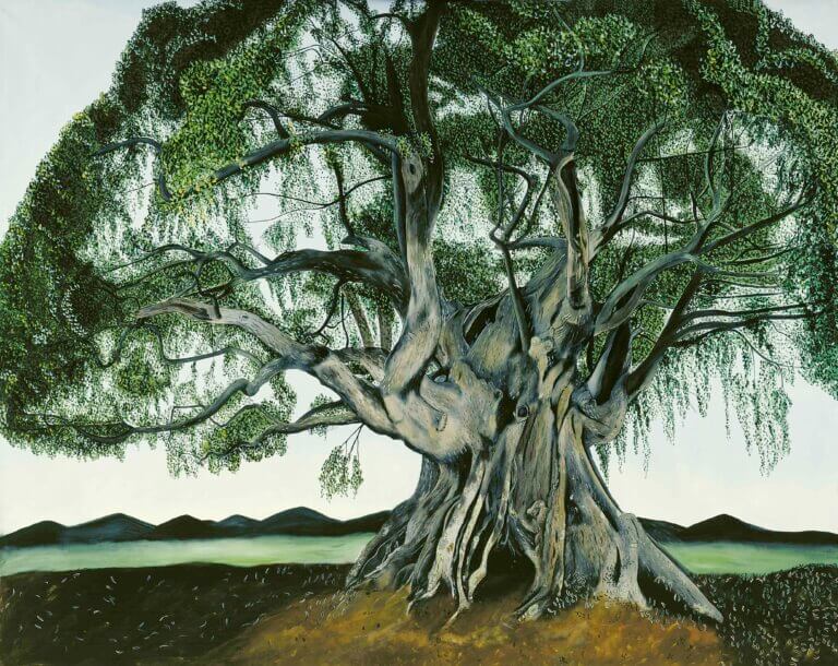 A painting of a tree in from of a lake and mountains