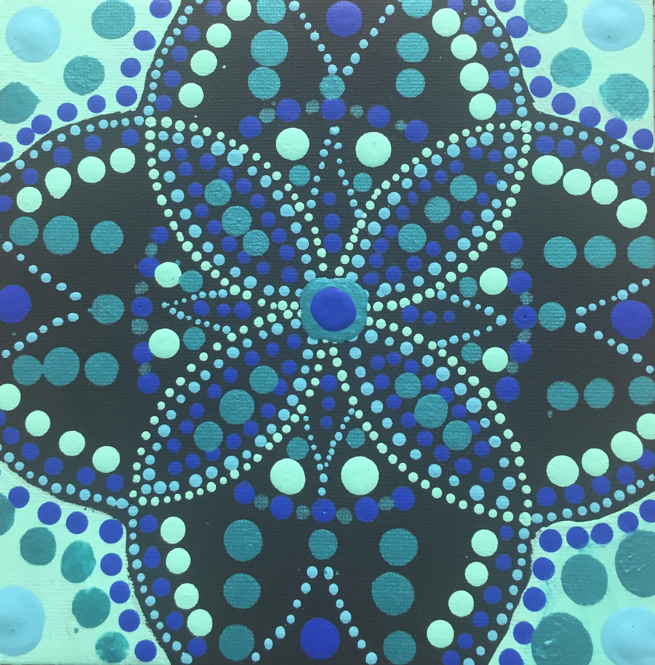 A patterned painting of blue dots and circles