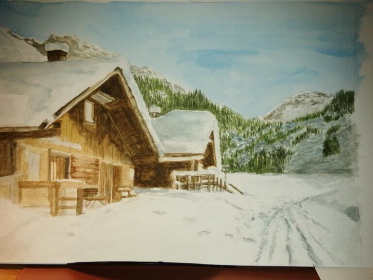 A painting of a cabin in the snow with mountains behind it