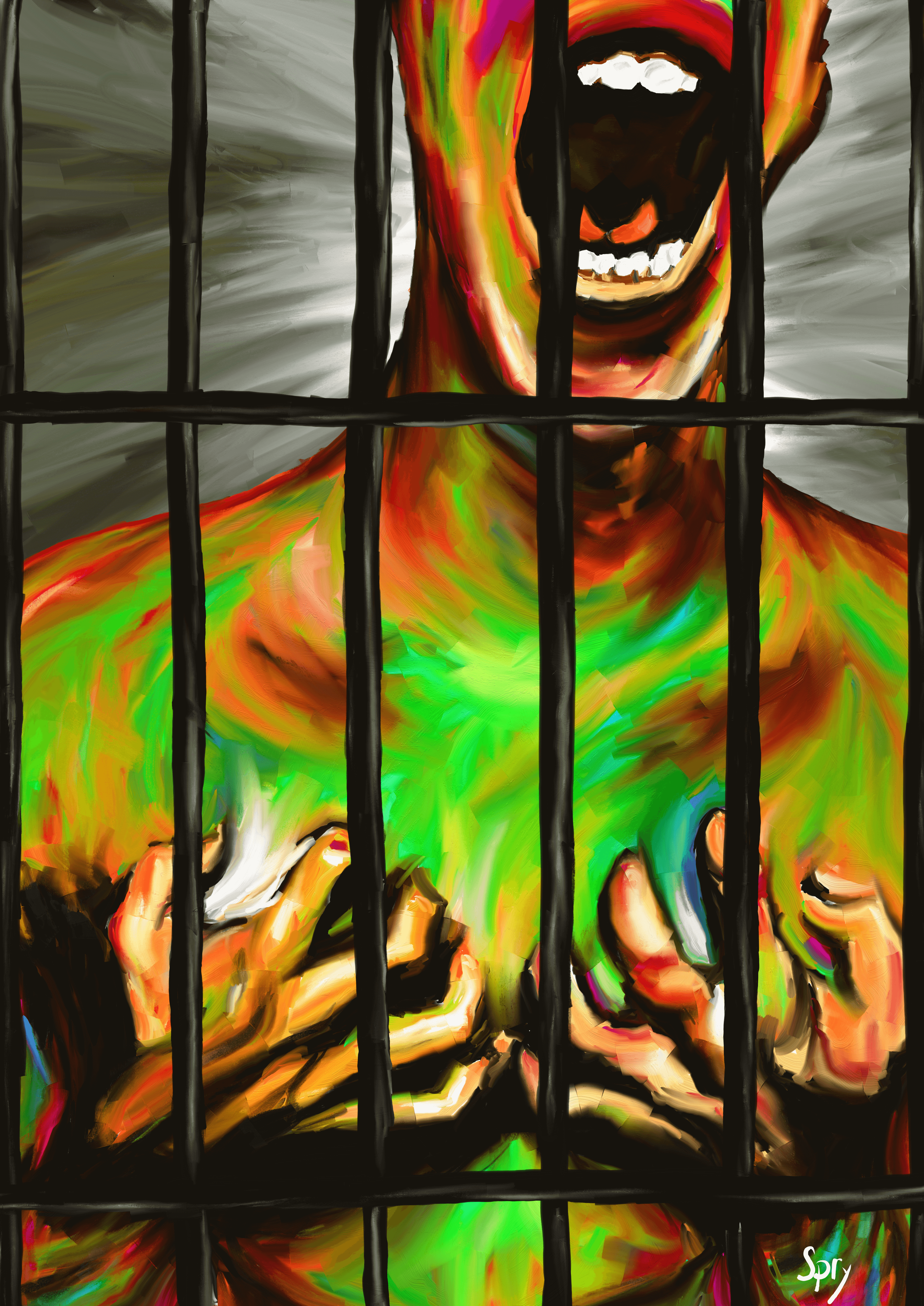 A person screaming behind bars and clutching their chest