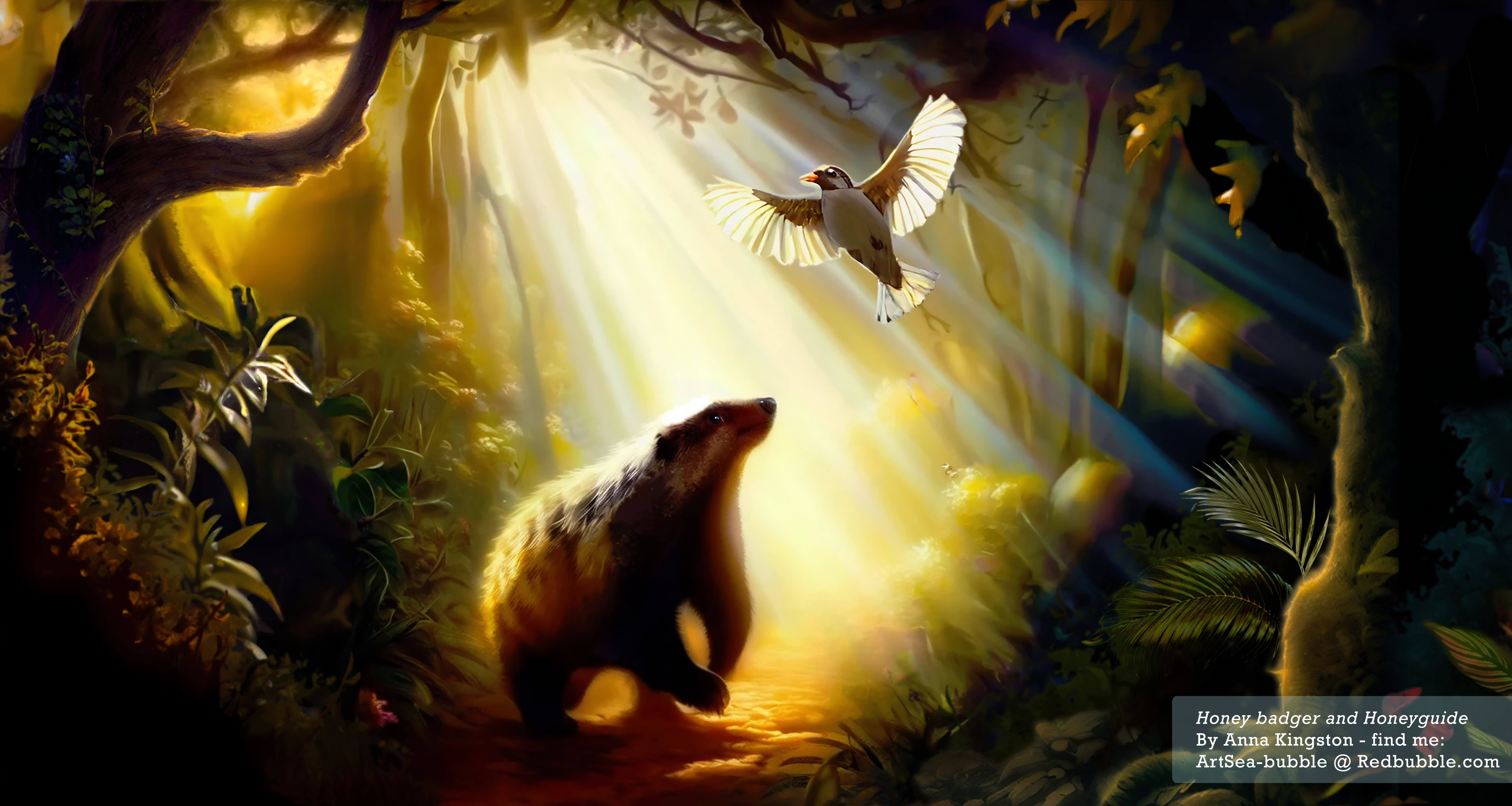 A bear in a forest staring at a flying bird