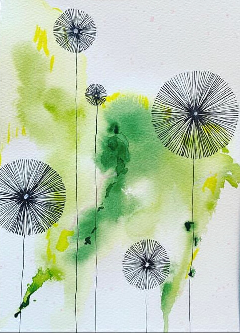 Watercolor green and yellow circular flowers