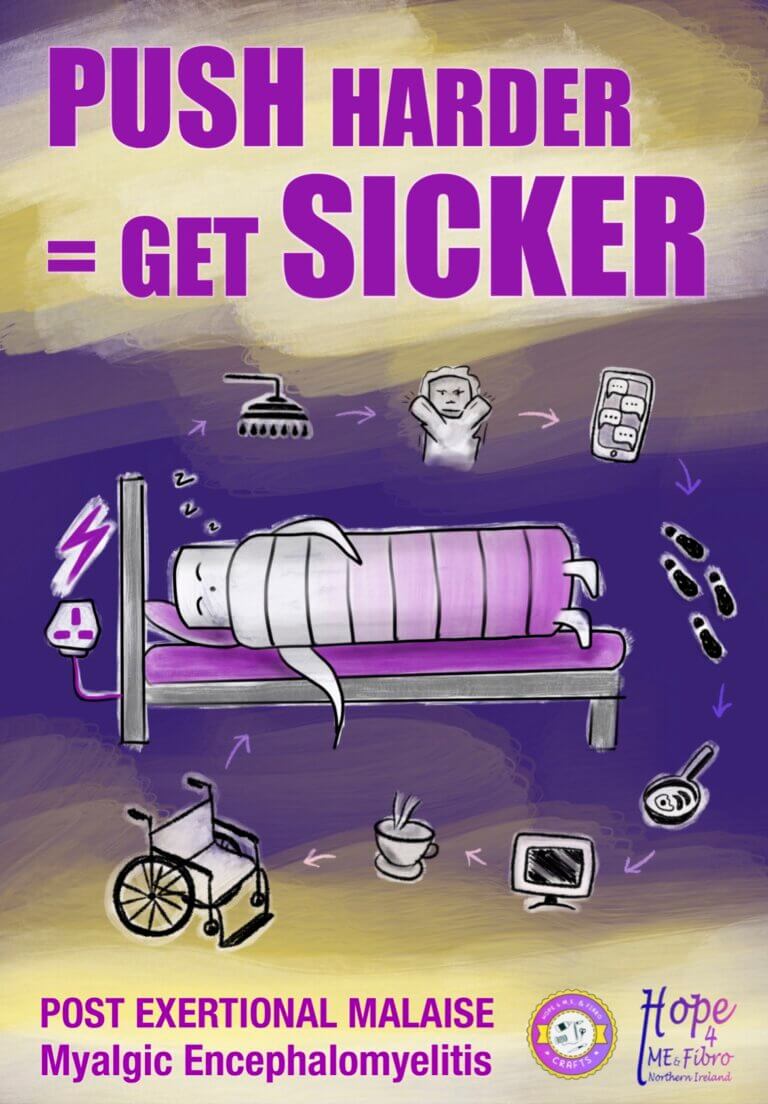 A person in a purple bed with the words Push harder=Get sicker