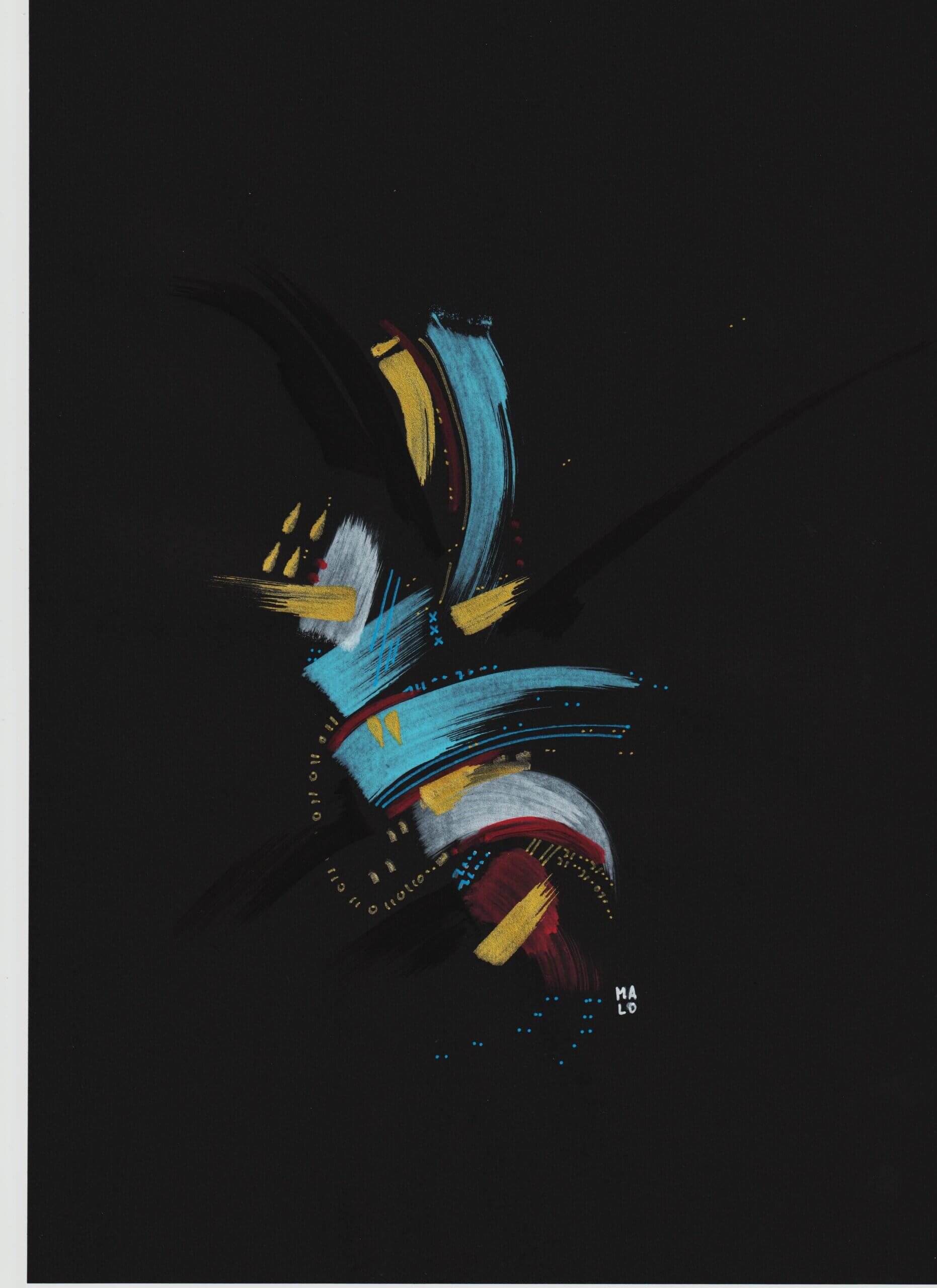 Blue, yellow, and red brushstrokes on a black background