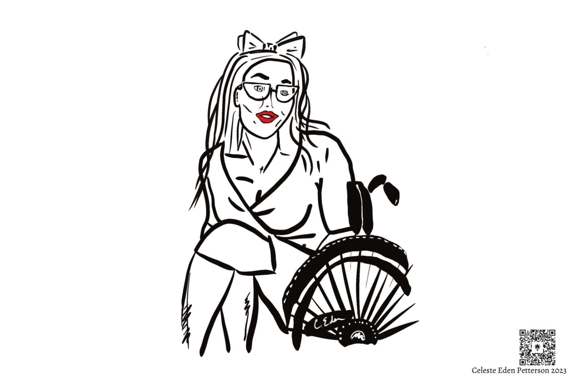 A drawing of a person in a wheelchair with red lipstick