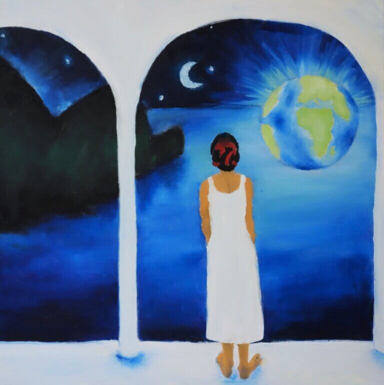 A personal in a white dress staring out the window at the earth and crescent moon