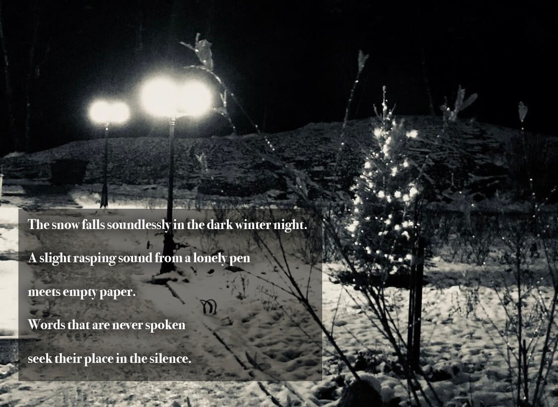 A christmas tree outside with the text: the snow falls soundlessly in the dark winter night. A slight rasping sound from a lonely pen meets empty paper. Words that are never spoke seek their place in silence