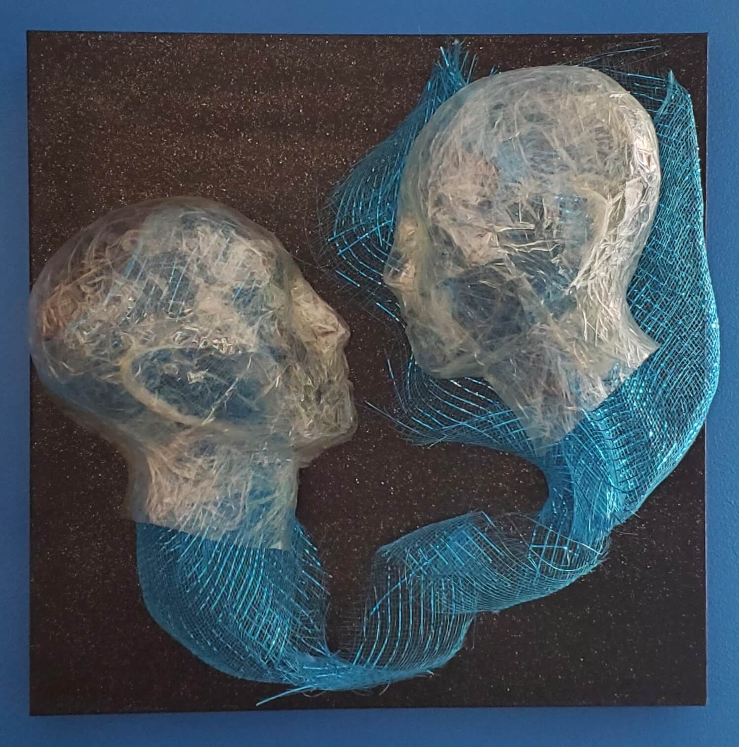 Two heads in netted fabric
