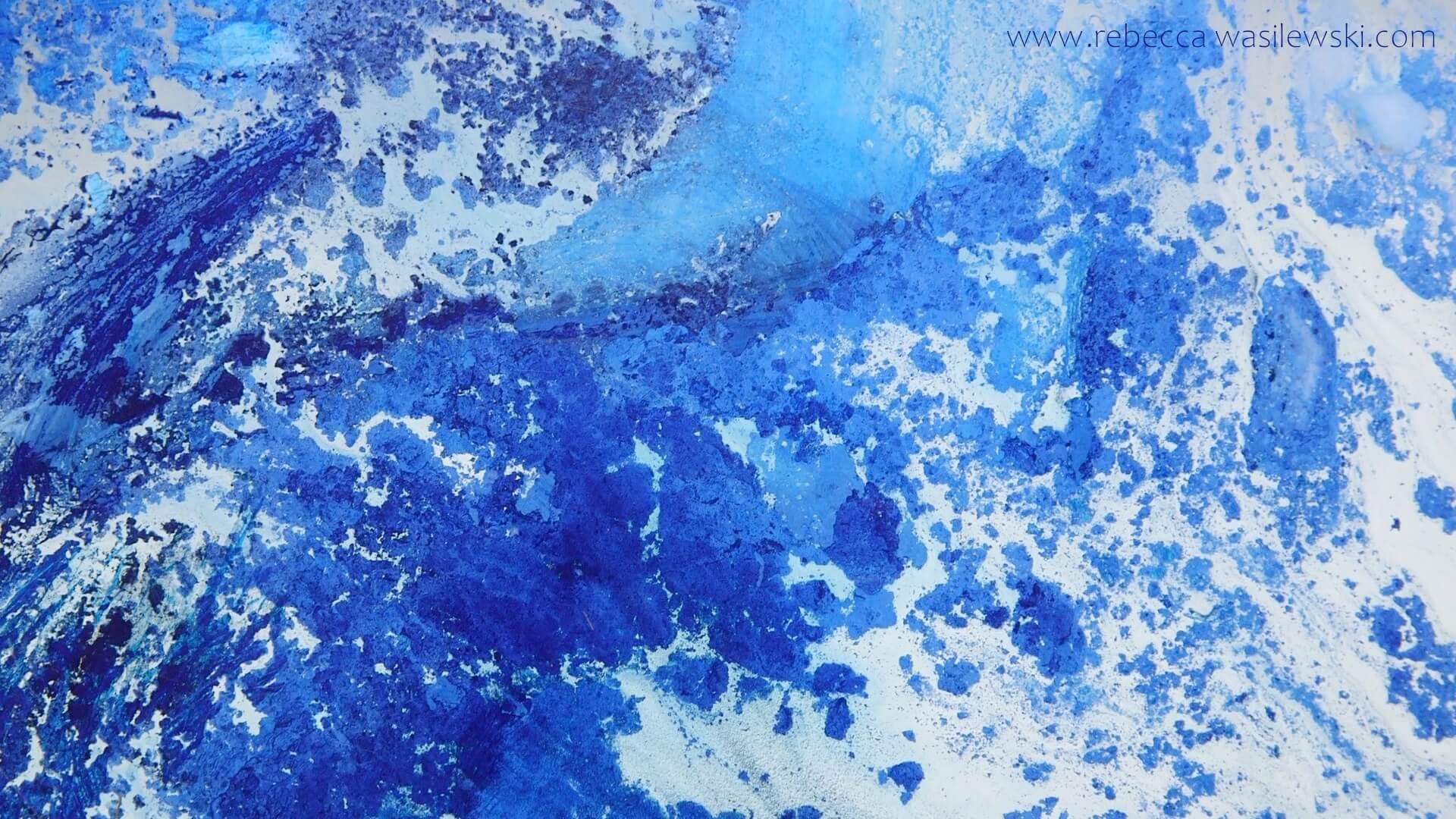 A painting of splashing blue and white water