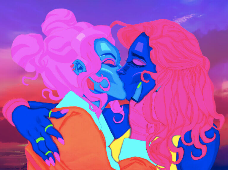 Two lovers in neon colors kissing and embracing.