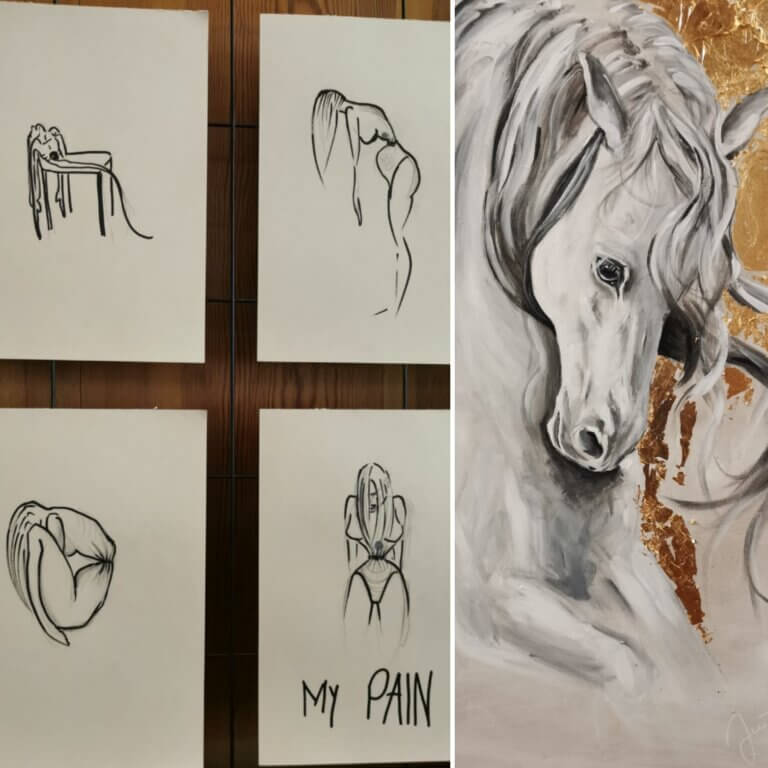 A drawing of a white horse and a person in pain