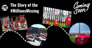a collection of millionsmisisng pictures featuring people protesting over the years in red shirts and with protest signs. white dashses connect the photos. the words words "the Story of the #MillionsMissing" is in white font in the top lefthand corner with the #MEAction logo there. The words "Coming Soon" is handwriting font is in the top righthand corner.
