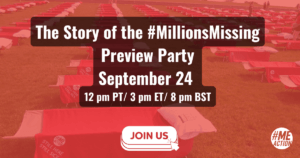 The words: The Story of the #MillionsMissing Preview Party September 24th, 12pm PT/3pm ET/8pm BST appear in white font and a black shadow over a red filtered image of rows of cots laying in grass. At the bottom of the image is a button that says join us. The #MEAction logo is in the bottom right hand corner.