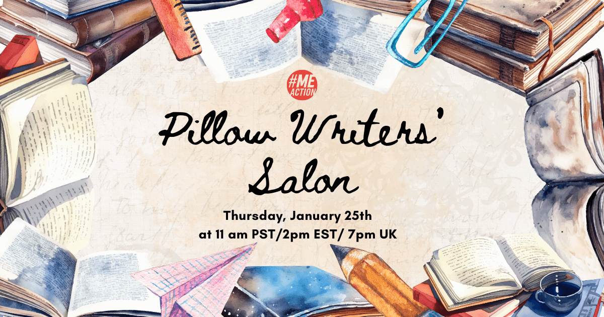 Rectangle Image with writing materials (books, paper, pencils, etc) around the edge. The words Pillow Writers' Salon Thursday, January 25th at 11am PST/2pm EST/7pm UK are in black font.