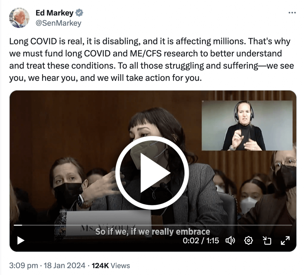 Senator Ed Markey shares clips of Angela Vázquez discussing how the US could lead some incredible research on Long COVID and ME/CFS.
