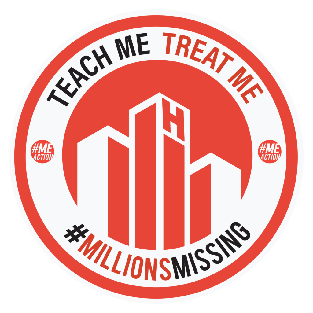 Red circle with outline of hospital buildings in white in the inner circle and text circling the outer rim: "Teach ME Treat ME #MillionsMissing" :+1: 1