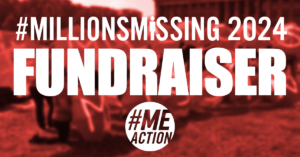 rectangle image, red filter over an image with the words #MillionsMissing 2024 Fundraiser in white. The #MEAction logo at the bottom.