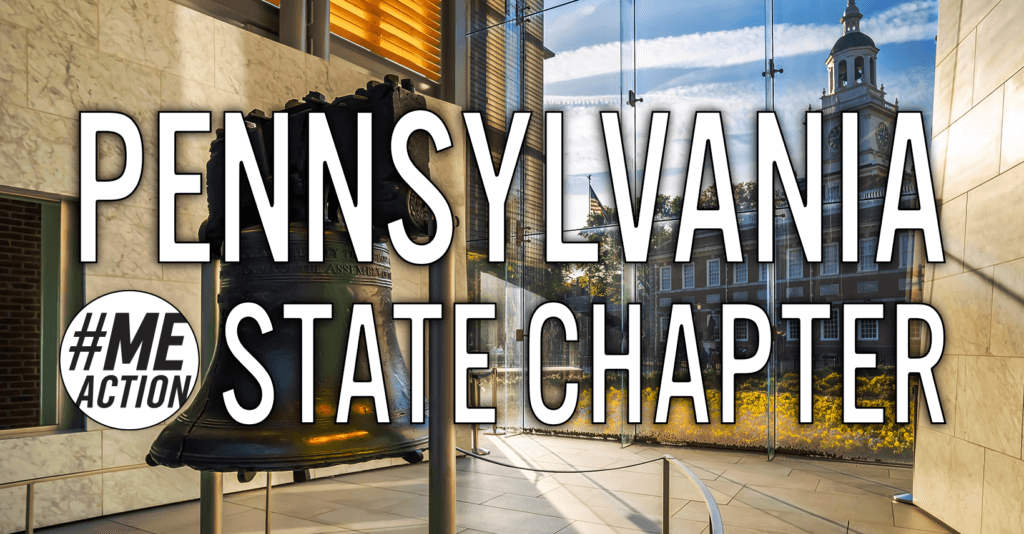rectangle image that features a photo of the liberty bell and the liberty hall. The words pennsylvania state chapter are in white lettering. the #meaction logo is on the lefthand side.