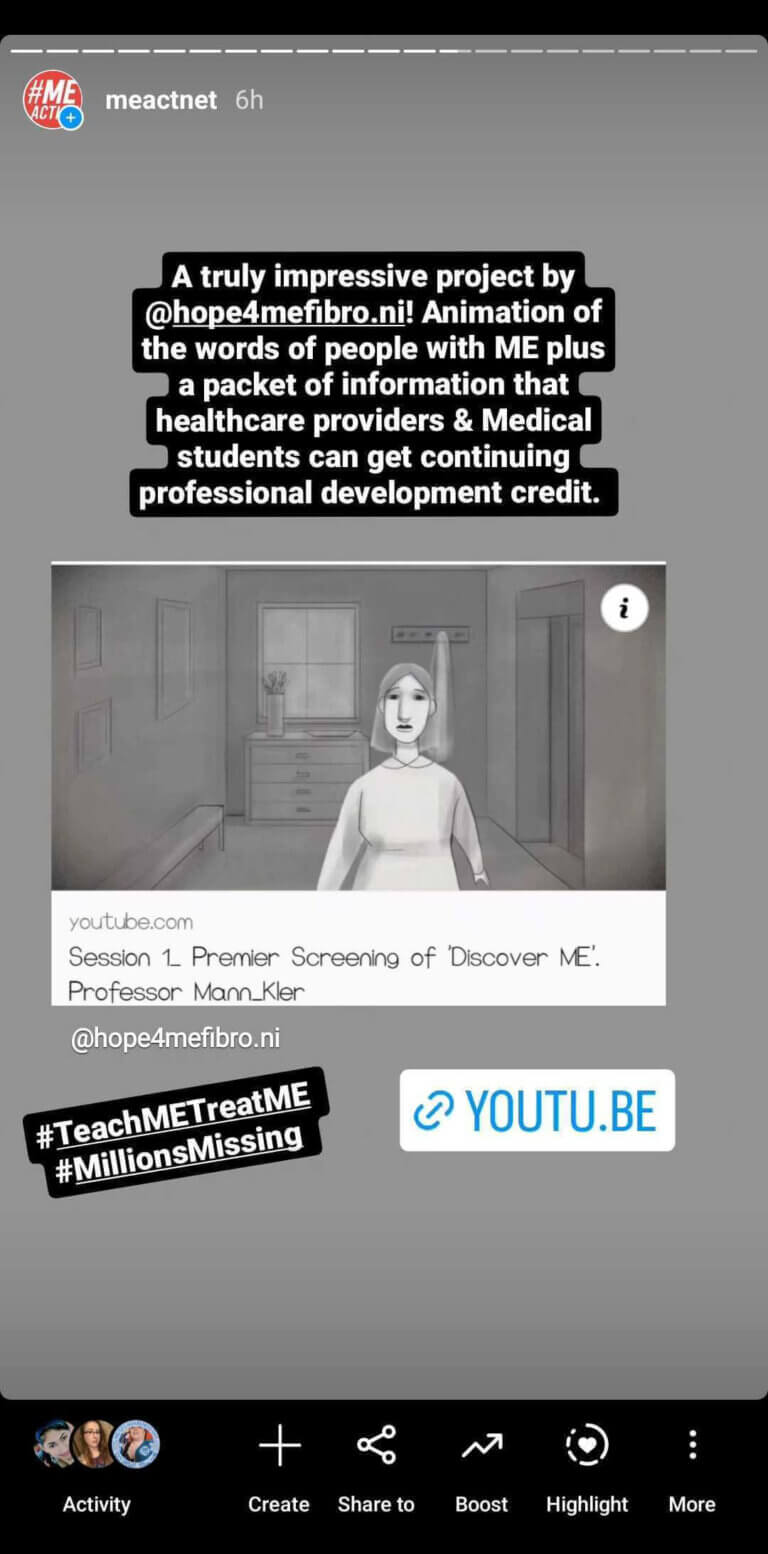 screenshot of an instagram story of a drawn image of a person in black and white, clip of an animation. There is a white text highlighted by black. There is #teachmetreatme #millionsmissing, plus youtube link