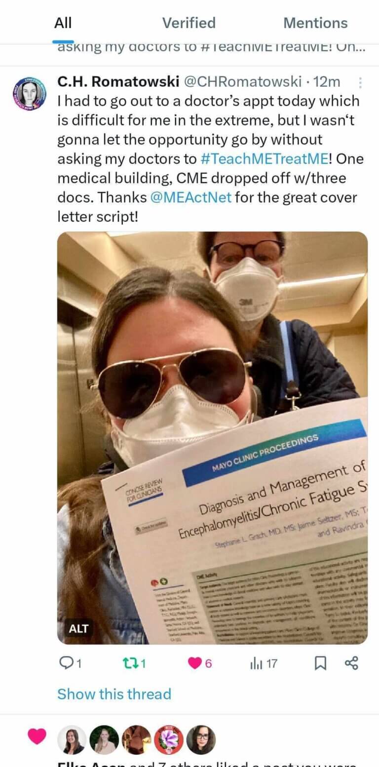 screenshot of a tweet by CH Romatowski who posts about going to the doctors office and taking the Mayo CME paper. In the post is a photo of two people in masks, one wearing sunglasses. They are holding up the cme paperwork to the camera.