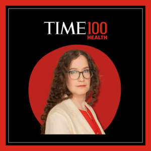 TIME100 Health black and red frame with a photo of Jaime Seltzer (white woman with long dark hair wearing glasses and a cream blazer and red dress).