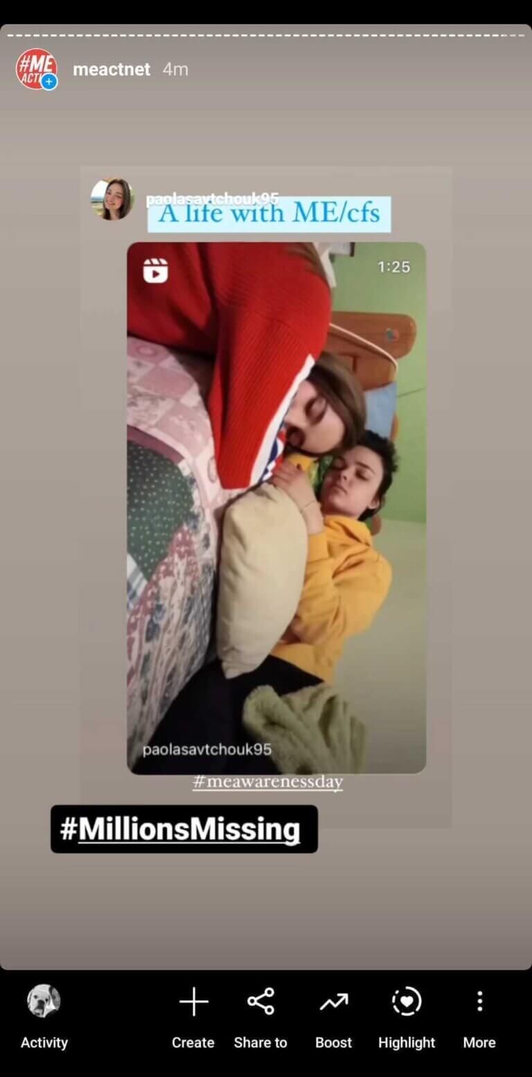 screenshot of an instagram story: to people laying in bed, one wearing yellow and an another red. The text at the top says “a life with me/cfs” and at the bottom says #MillionsMissing