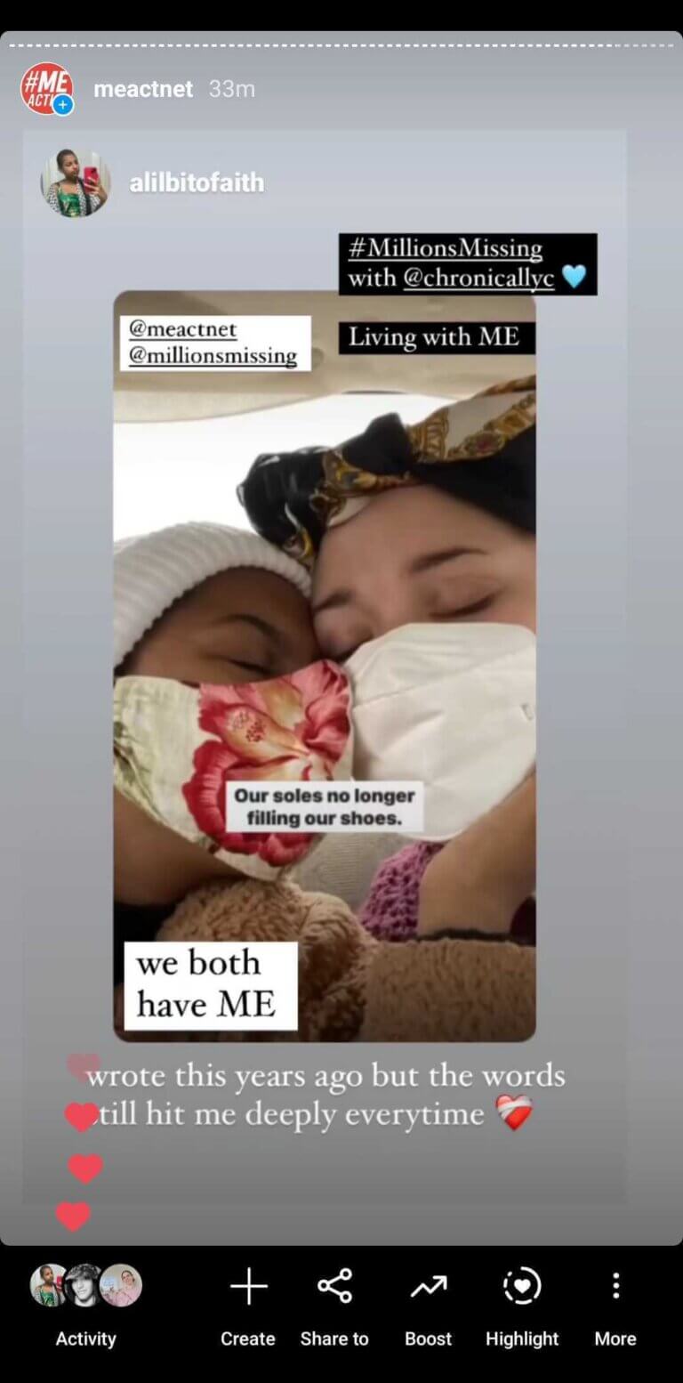 screenshot of an instagram story, that shows to people wearing masks with their heads together and their eyes closed. With the words, our soles no longer filling our shoes. We both have ME.