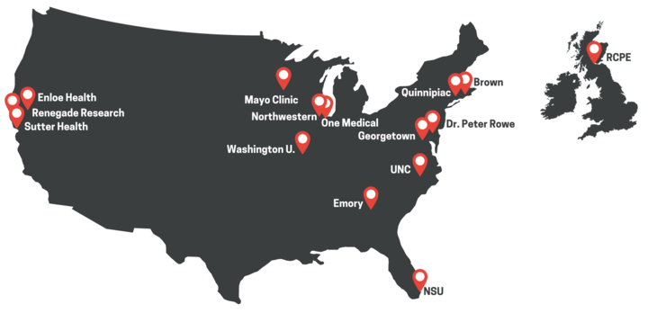 a black and white image of a map showing the US and the UK. There are red markings showing which cities hosted events.