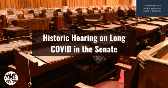 senate hearing room image with the words, Historic Hearing on Long COVID in the Senate overlayed it. In the bottom left corner is the meaction logo and in the top right hand corner is the HELP committee logo