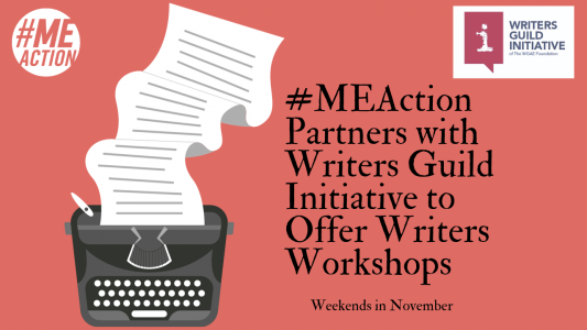 Rectangle image with a burnt reddish background that features a black typewriter with lined paper swirling up out of it. The words: “#MEAction Partners with Writers Guild Initiative to Offer Writers Workshops, Weekends in November” appear in black font. The #MEAction logo is in the upper left hand corner and the Writers Guild Initiative logo is in the upper right hand corner.