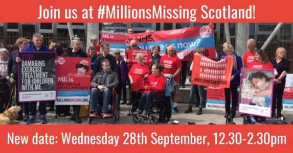 Red box at the top says Join us at #MillionsMissing Scotland! Then there is a picture of people gathered at a protest holding signs and wearing read shirts, some are in wheelchairs. Low bottom of the image has a red box that says New Date: Wednesday, 28th September 12:30-2:30pm