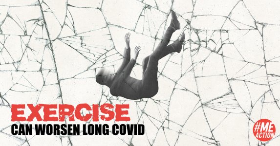 Text “Exercise can worsen Long Covid.” A person is falling through the air; their face is blurred and legs and arms are reaching upward. The background is a cracked glass screen.